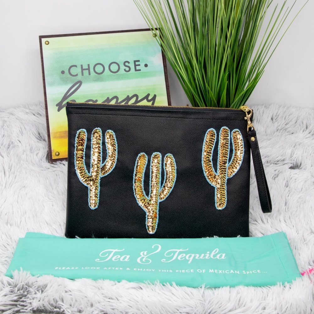 Tea and Tequila Trio Gold Cacti Clutch Bag